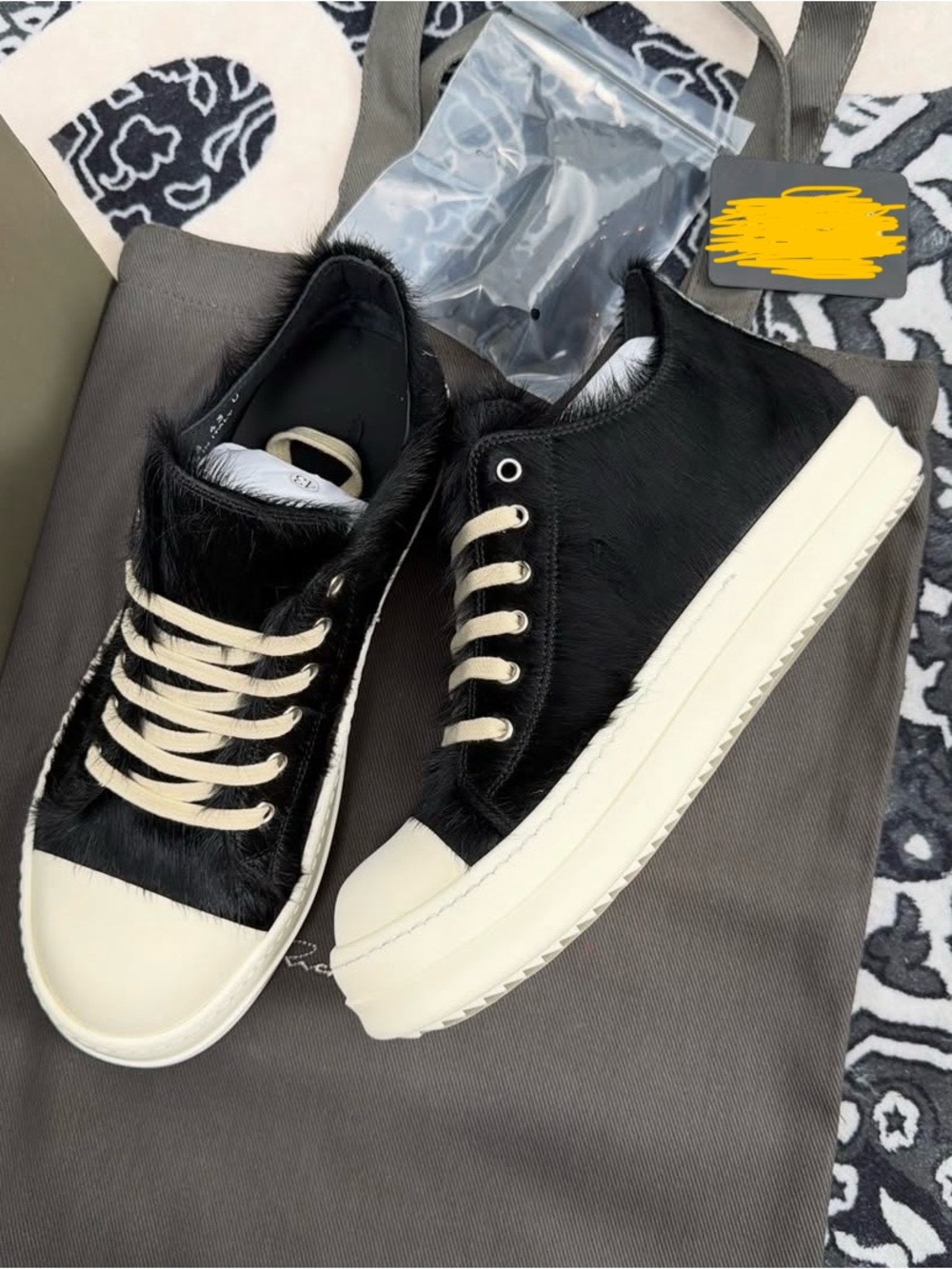 Rick Owens Black and Cream Low-Top Sneakers
